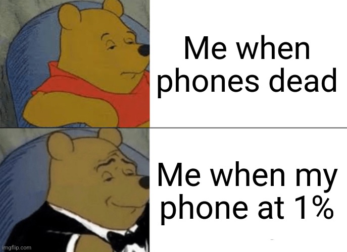 Tuxedo Winnie The Pooh | Me when phones dead; Me when my phone at 1% | image tagged in memes,tuxedo winnie the pooh | made w/ Imgflip meme maker