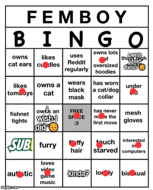 Femboy Bingo | i wish i had these 😔; i wish i did 😔; kinda? | image tagged in femboy bingo | made w/ Imgflip meme maker