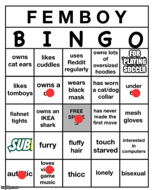 i suppose this is a good thing | FOR PLAYING SOCCER | image tagged in femboy bingo | made w/ Imgflip meme maker