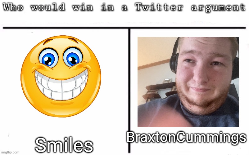 Pitting random mfs against each other | BraxtonCummings; Smiles | image tagged in pitting random mfs against each other,memes,msmg | made w/ Imgflip meme maker