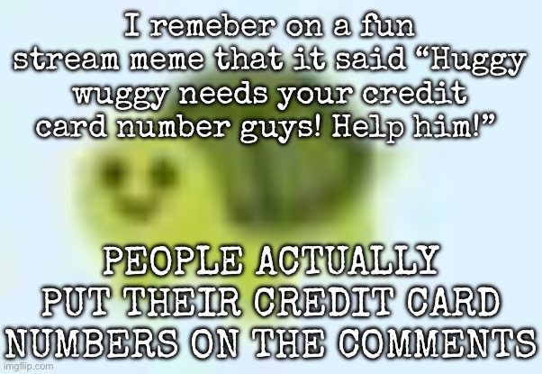 It was just a joke, it wasn’t serious | I remeber on a fun stream meme that it said “Huggy wuggy needs your credit card number guys! Help him!”; PEOPLE ACTUALLY PUT THEIR CREDIT CARD NUMBERS ON THE COMMENTS | image tagged in low quality turtle,msmg | made w/ Imgflip meme maker