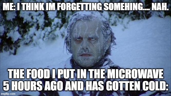 :( | ME: I THINK IM FORGETTING SOMEHING.... NAH. THE FOOD I PUT IN THE MICROWAVE 5 HOURS AGO AND HAS GOTTEN COLD: | image tagged in cold,relatable,food,microwave,dang it | made w/ Imgflip meme maker