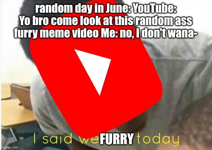 everything changed | random day in June: YouTube: Yo bro come look at this random ass furry meme video Me: no, I don't wana-; FURRY | image tagged in i said we ____ today | made w/ Imgflip meme maker