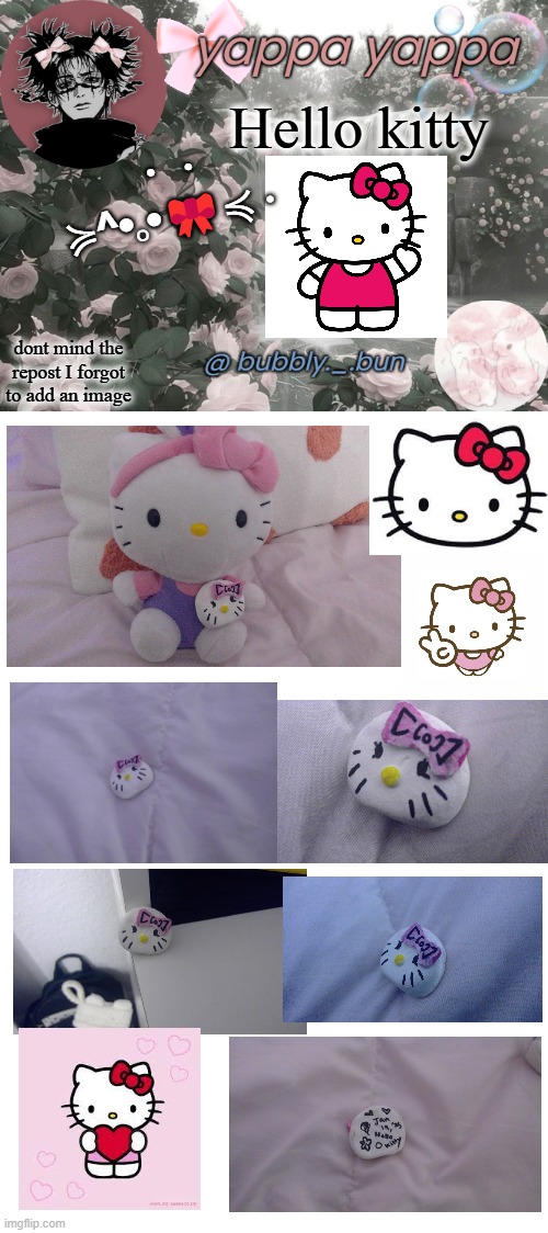 Kitty kittyy (ears are nonexistent bc idk how to make the </3) | Hello kitty; ・ · ≽^•༚•🎀≼ ·; dont mind the repost I forgot to add an image | image tagged in bubbly _ bun's temp,blank white template,hello kitty | made w/ Imgflip meme maker