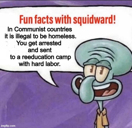 Fun Facts with Squidward | In Communist countries
 it is illegal to be homeless.
You get arrested 
and sent
 to a reeducation camp
with hard labor. | image tagged in fun facts with squidward | made w/ Imgflip meme maker