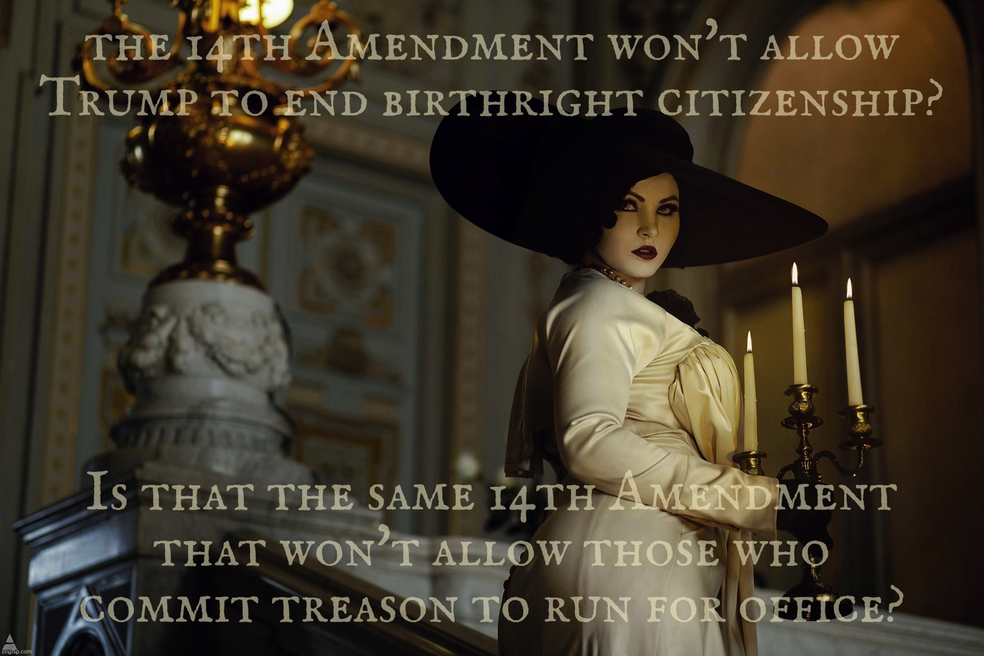 Lady Dimitrescu | the 14th Amendment won't allow Trump to end birthright citizenship? Is that the same 14th Amendment
that won't allow those who
commit treason to run for office? | image tagged in lady dimitrescu | made w/ Imgflip meme maker