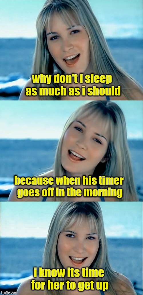 sometimes i surprise myself | why don't i sleep 
as much as i should; because when his timer 
goes off in the morning; i know its time 
for her to get up | image tagged in dumb blonde pun,joke,not bad,traditional,meme,______ | made w/ Imgflip meme maker