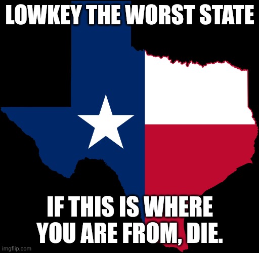 texas map | LOWKEY THE WORST STATE; IF THIS IS WHERE YOU ARE FROM, DIE. | image tagged in texas map | made w/ Imgflip meme maker