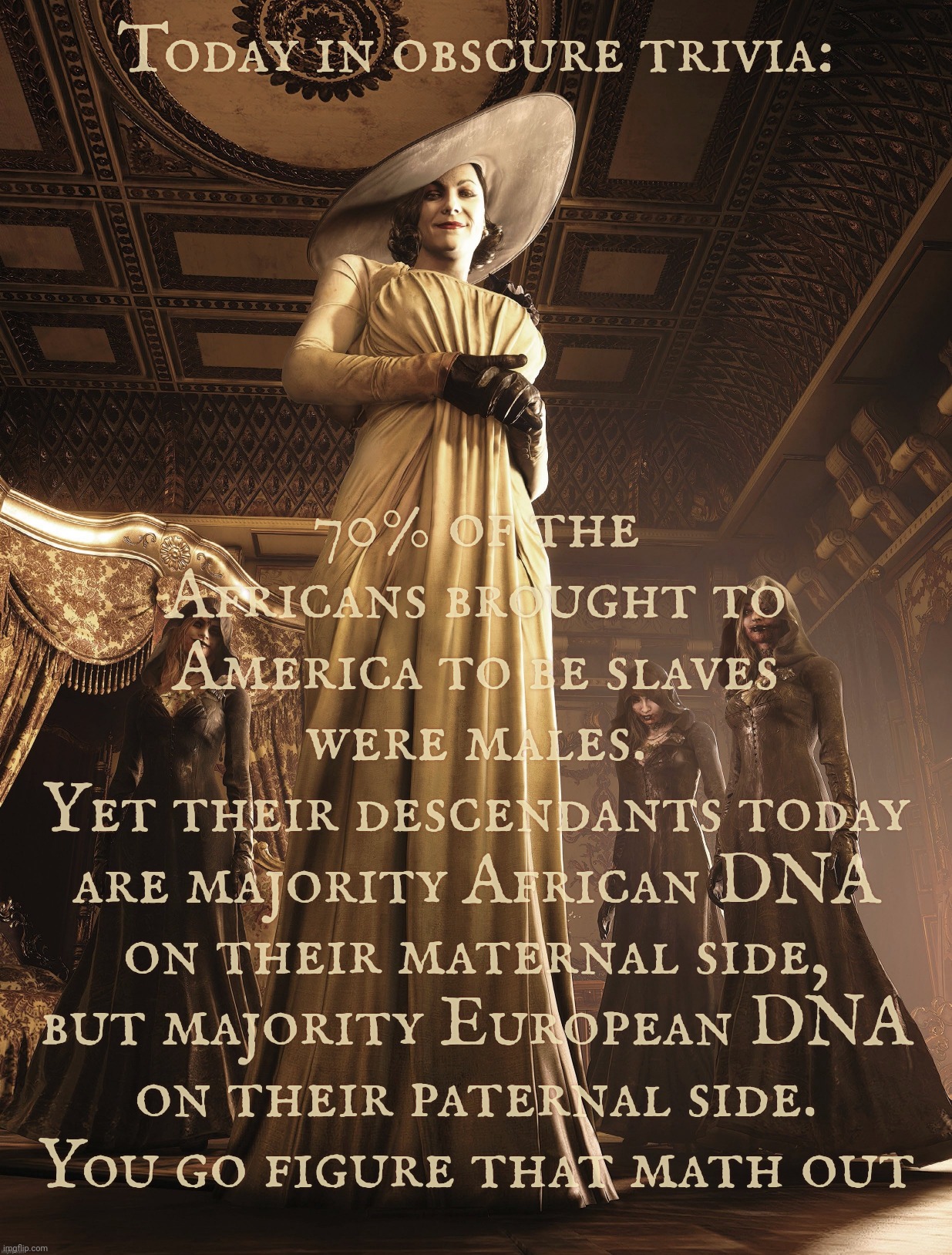 Lady Dimitrescu | Today in obscure trivia:; 70% of the Africans brought to America to be slaves
were males.
Yet their descendants today
are majority African DNA
on their maternal side,
but majority European DNA
on their paternal side.
You go figure that math out | image tagged in lady dimitrescu | made w/ Imgflip meme maker