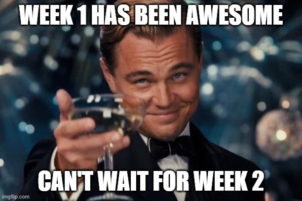 Leonardo Dicaprio Cheers | WEEK 1 HAS BEEN AWESOME; CAN'T WAIT FOR WEEK 2 | image tagged in memes,leonardo dicaprio cheers | made w/ Imgflip meme maker