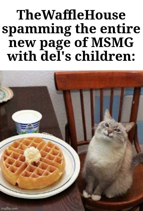 Real | TheWaffleHouse spamming the entire new page of MSMG with del's children: | image tagged in cat likes their waffle | made w/ Imgflip meme maker