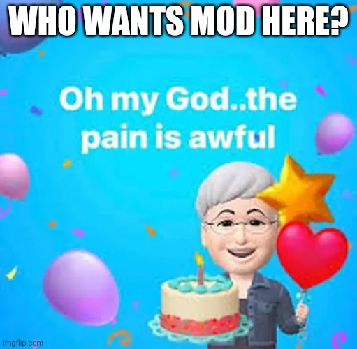 Oh my god the pain is awful | WHO WANTS MOD HERE? | image tagged in oh my god the pain is awful | made w/ Imgflip meme maker