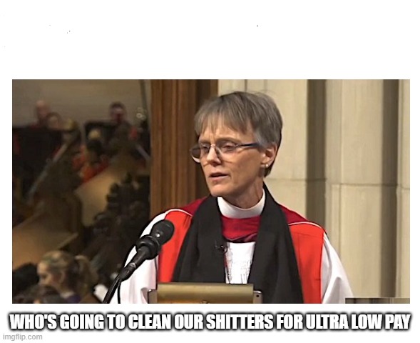 antiTrump ''Bishop'' Marianne Budde | WHO'S GOING TO CLEAN OUR SHITTERS FOR ULTRA LOW PAY | image tagged in antitrump ''bishop'' marianne budde | made w/ Imgflip meme maker