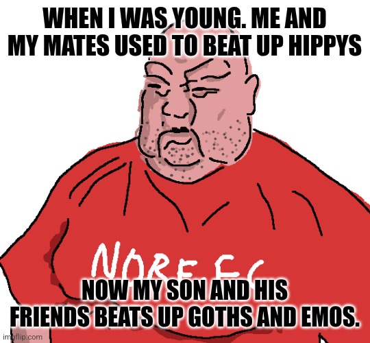 Evolution | WHEN I WAS YOUNG. ME AND MY MATES USED TO BEAT UP HIPPYS; NOW MY SON AND HIS FRIENDS BEATS UP GOTHS AND EMOS. | image tagged in norf fc,memes,british | made w/ Imgflip meme maker