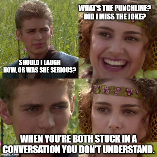 "The Art of Smiling Through Confusion" ? | WHAT’S THE PUNCHLINE? DID I MISS THE JOKE? SHOULD I LAUGH NOW, OR WAS SHE SERIOUS? WHEN YOU’RE BOTH STUCK IN A CONVERSATION YOU DON’T UNDERSTAND. | image tagged in memes,funny,funny memes,confusion,awkward moment sealion,girl | made w/ Imgflip meme maker