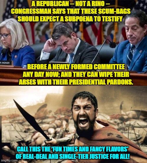 A form of actual 'justice' is coming for you garbage-piles . . . one way or the other.  Enjoy and lawyer up! | A REPUBLICAN -- NOT A RINO -- CONGRESSMAN SAYS THAT THESE SCUM-BAGS SHOULD EXPECT A SUBPOENA TO TESTIFY; BEFORE A NEWLY FORMED COMMITTEE ANY DAY NOW; AND THEY CAN WIPE THEIR ARSES WITH THEIR PRESIDENTIAL PARDONS. CALL THIS THE 'FUN TIMES AND FANCY FLAVORS' OF REAL-DEAL AND SINGLE-TIER JUSTICE FOR ALL! | image tagged in sparta leonidas | made w/ Imgflip meme maker