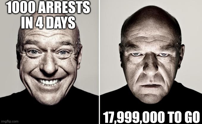 Happy Mad | 1000 ARRESTS IN 4 DAYS 17,999,000 TO GO | image tagged in happy mad | made w/ Imgflip meme maker