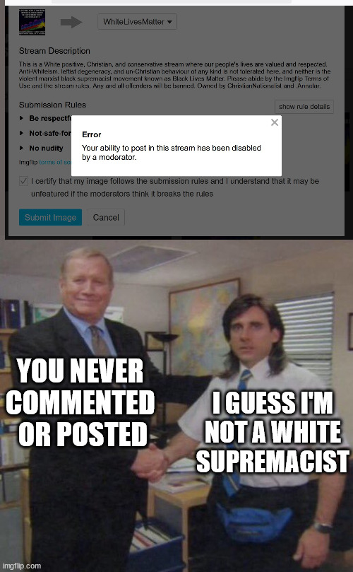 yet ironically, my white, apparently leftist life, does not matter... did they check a follower list?!?!?! | YOU NEVER 
COMMENTED 
OR POSTED; I GUESS I'M
 NOT A WHITE 
SUPREMACIST | image tagged in the office congratulations,nazi,irony,vet,who cares,______ | made w/ Imgflip meme maker