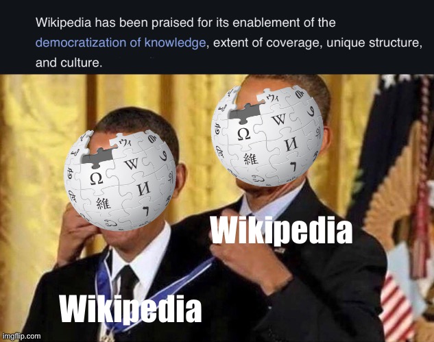 Wikipedia SELF LOVE | Wikipedia; Wikipedia | image tagged in obama medal,wikipedia | made w/ Imgflip meme maker