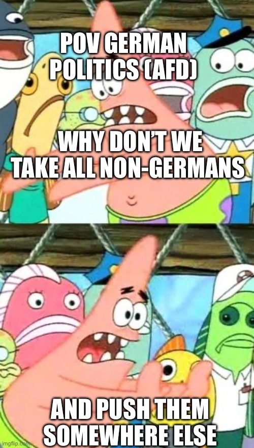 Put It Somewhere Else Patrick | POV GERMAN POLITICS (AFD); WHY DON’T WE TAKE ALL NON-GERMANS; AND PUSH THEM SOMEWHERE ELSE | image tagged in memes,put it somewhere else patrick | made w/ Imgflip meme maker