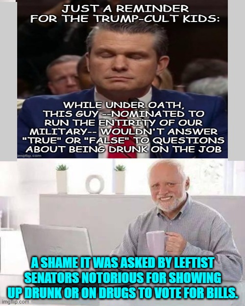 They get paid roughly half a million dollars per year to ask stupid and politically-biased 'gotcha' questions like that. | A SHAME IT WAS ASKED BY LEFTIST SENATORS NOTORIOUS FOR SHOWING UP DRUNK OR ON DRUGS TO VOTE FOR BILLS. | image tagged in hide the pain harold | made w/ Imgflip meme maker