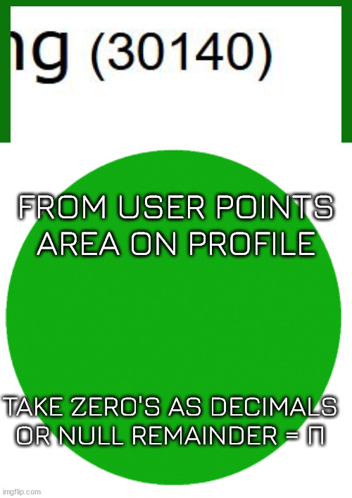 (normalized) obsession with numbers 2 | FROM USER POINTS AREA ON PROFILE; TAKE ZERO'S AS DECIMALS
 OR NULL REMAINDER = Π | image tagged in green circle,representation,transcendental,pi,profile,______ | made w/ Imgflip meme maker