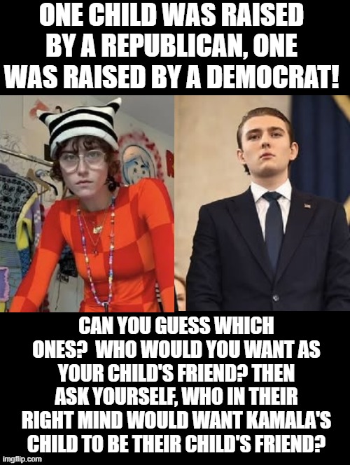 Who in their right mind would want Kamala's child to be their child's friend? | ONE CHILD WAS RAISED BY A REPUBLICAN, ONE WAS RAISED BY A DEMOCRAT! CAN YOU GUESS WHICH ONES?  WHO WOULD YOU WANT AS YOUR CHILD'S FRIEND? THEN ASK YOURSELF, WHO IN THEIR RIGHT MIND WOULD WANT KAMALA'S CHILD TO BE THEIR CHILD'S FRIEND? | image tagged in sam elliott special kind of stupid | made w/ Imgflip meme maker