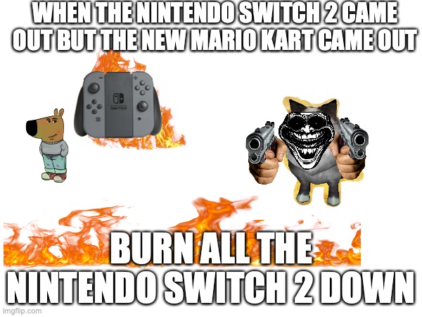 Nitendo is lame | WHEN THE NINTENDO SWITCH 2 CAME OUT BUT THE NEW MARIO KART CAME OUT; BURN ALL THE NINTENDO SWITCH 2 DOWN | image tagged in smiling cat | made w/ Imgflip meme maker