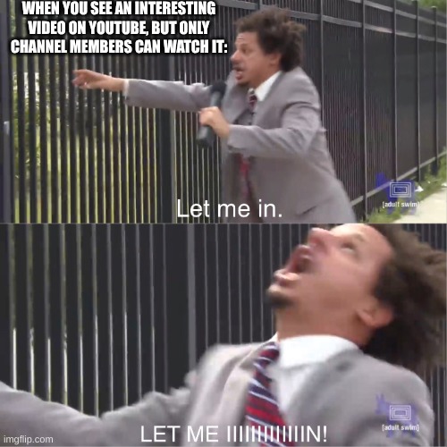 bruh why | WHEN YOU SEE AN INTERESTING VIDEO ON YOUTUBE, BUT ONLY CHANNEL MEMBERS CAN WATCH IT: | image tagged in let me in | made w/ Imgflip meme maker