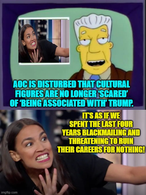 What a difference a presidential election makes. | AOC IS DISTURBED THAT CULTURAL FIGURES ARE NO LONGER ‘SCARED’ OF ‘BEING ASSOCIATED WITH’ TRUMP. IT'S AS IF WE SPENT THE LAST FOUR YEARS BLACKMAILING AND THREATENING TO RUIN THEIR CAREERS FOR NOTHING! | image tagged in yep | made w/ Imgflip meme maker