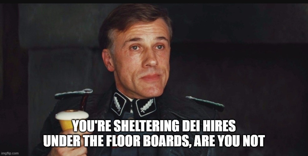 You're sheltering enemies of the state under the floorboards | YOU'RE SHELTERING DEI HIRES UNDER THE FLOOR BOARDS, ARE YOU NOT | made w/ Imgflip meme maker