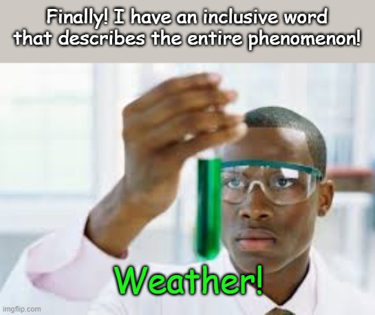 A Major Climate Change Breakthrough | Finally! I have an inclusive word that describes the entire phenomenon! Weather! | image tagged in finally | made w/ Imgflip meme maker