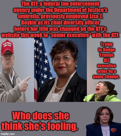 Ain't working lady | The ATF, a federal law enforcement agency under the Department of Justice’s umbrella, previously employed Lisa T. Boykin as its chief diversity officer before her title was changed on the ATF’s website this week to "senior executive" with the ATF. Trying to Dodge Trumps DEI executive order by a name change. Who does she think she's fooling. | made w/ Imgflip meme maker