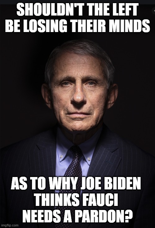 Fauci | SHOULDN'T THE LEFT BE LOSING THEIR MINDS; AS TO WHY JOE BIDEN 
THINKS FAUCI 
NEEDS A PARDON? | image tagged in fauci | made w/ Imgflip meme maker