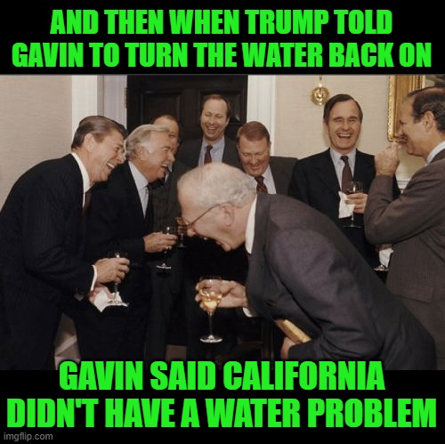 Oh, that was Funny | AND THEN WHEN TRUMP TOLD GAVIN TO TURN THE WATER BACK ON; GAVIN SAID CALIFORNIA DIDN'T HAVE A WATER PROBLEM | image tagged in memes,laughing men in suits | made w/ Imgflip meme maker