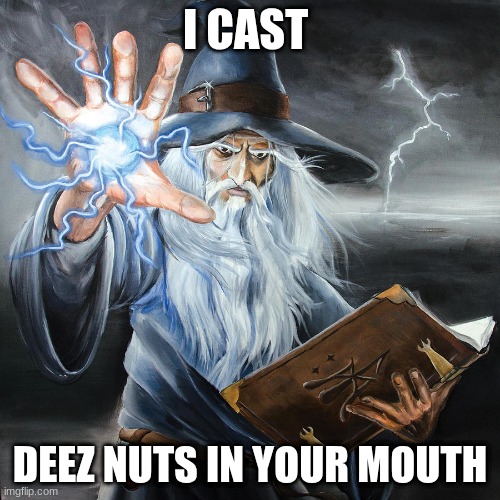 Wizard Casting Spell | I CAST; DEEZ NUTS IN YOUR MOUTH | image tagged in wizard casting spell | made w/ Imgflip meme maker