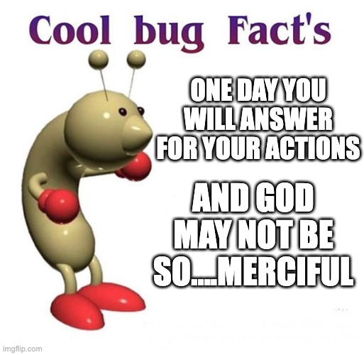 ... | ONE DAY YOU WILL ANSWER FOR YOUR ACTIONS; AND GOD MAY NOT BE SO....MERCIFUL | image tagged in cool bug facts | made w/ Imgflip meme maker