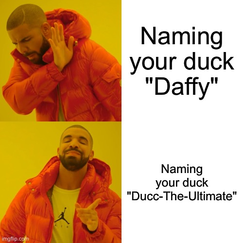 Is AI advertising that people name ducks after me- | Naming your duck "Daffy"; Naming your duck "Ducc-The-Ultimate" | image tagged in memes,drake hotline bling | made w/ Imgflip meme maker