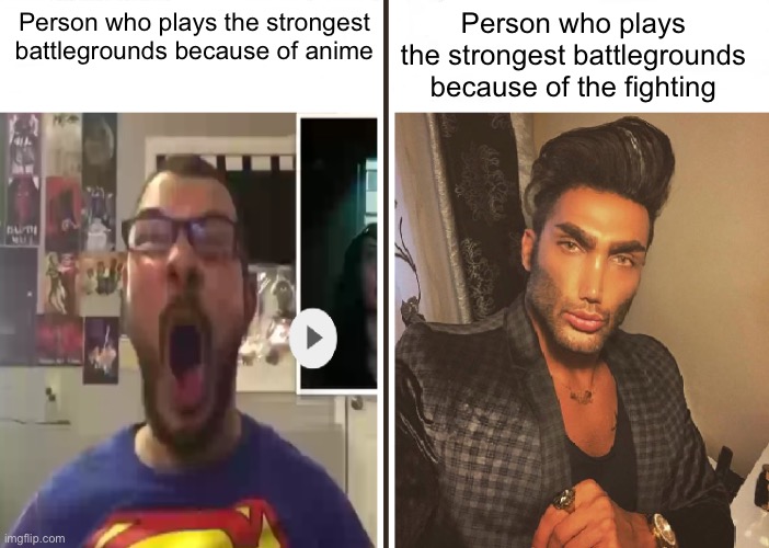 Average Fan vs Average Enjoyer | Person who plays the strongest battlegrounds because of the fighting; Person who plays the strongest battlegrounds because of anime | image tagged in average fan vs average enjoyer | made w/ Imgflip meme maker