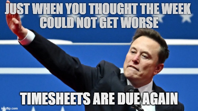 Elon Hitler | JUST WHEN YOU THOUGHT THE WEEK 
COULD NOT GET WORSE; TIMESHEETS ARE DUE AGAIN | image tagged in elon hitler | made w/ Imgflip meme maker