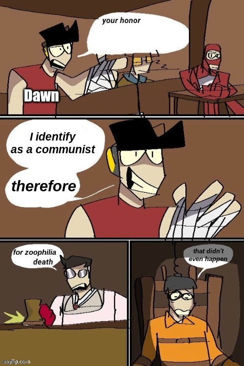 Dawn testifies in MSMG court | Dawn; I identify as a communist; therefore; for zoophilia; that didn't even happen | image tagged in scout lawyer | made w/ Imgflip meme maker