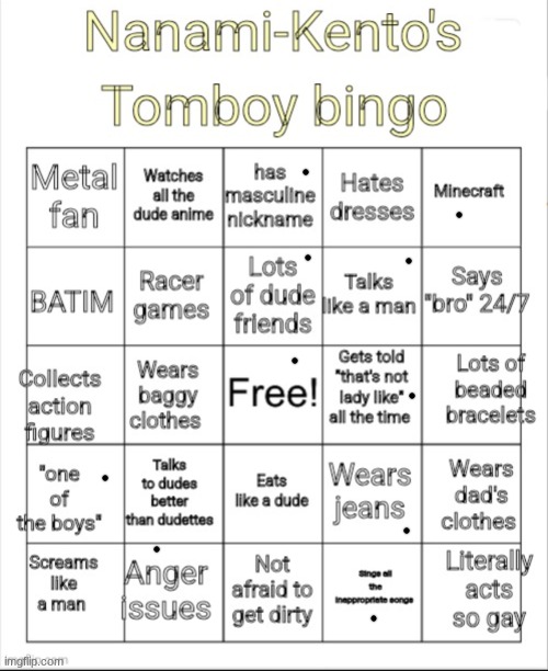 Nanami-Kento's Tomboy Bingo | image tagged in nanami-kento's tomboy bingo | made w/ Imgflip meme maker