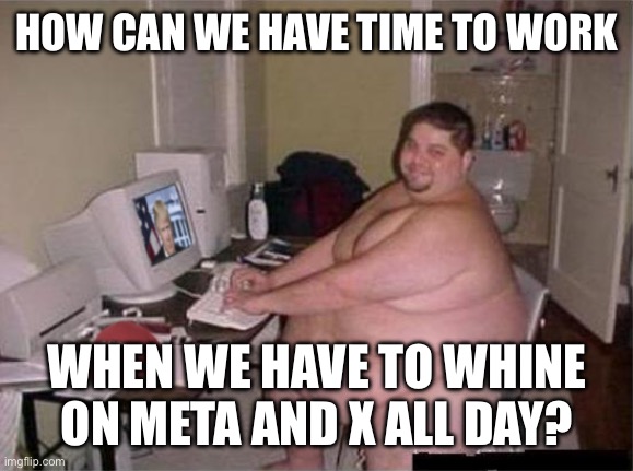 Fat Trumper | HOW CAN WE HAVE TIME TO WORK WHEN WE HAVE TO WHINE ON META AND X ALL DAY? | image tagged in fat trumper | made w/ Imgflip meme maker