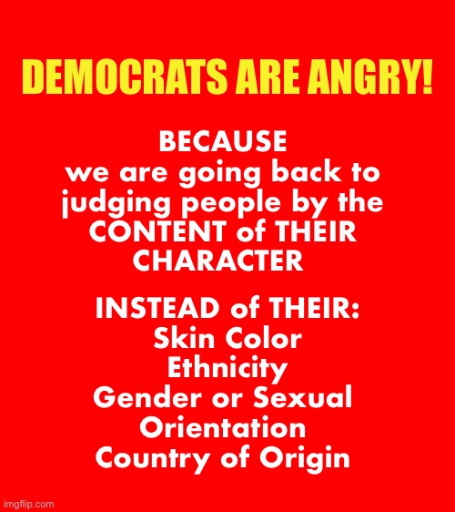 DEI is dying | DEMOCRATS ARE ANGRY! BECAUSE 
we are going back to 
judging people by the 
CONTENT of THEIR 
CHARACTER; INSTEAD of THEIR:
Skin Color
Ethnicity
Gender or Sexual 
Orientation 
Country of Origin | image tagged in bigass red blank template | made w/ Imgflip meme maker