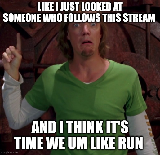 shaggy rogers | LIKE I JUST LOOKED AT SOMEONE WHO FOLLOWS THIS STREAM; AND I THINK IT'S TIME WE UM LIKE RUN | image tagged in shaggy rogers | made w/ Imgflip meme maker