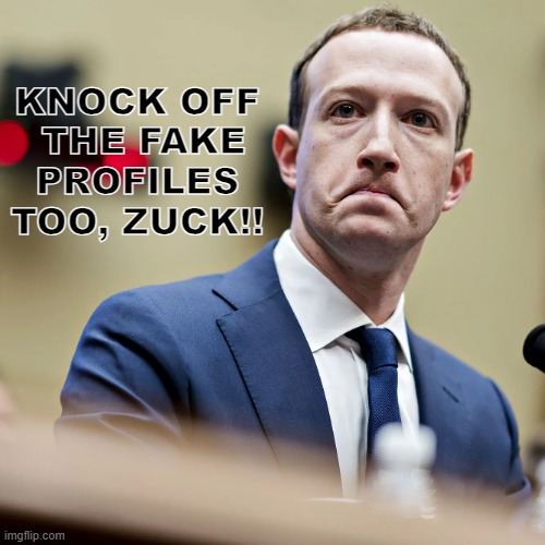 Next variation: fake profiles | KNOCK OFF
 THE FAKE PROFILES TOO, ZUCK!! | image tagged in facebook,mark zuckerberg,fake | made w/ Imgflip meme maker