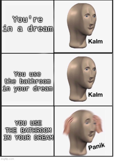 You wet the bed | You're in a dream; You use the bathroom in your dream; YOU USE THE BATHROOM IN YOUR DREAM | image tagged in kalm kalm panic | made w/ Imgflip meme maker