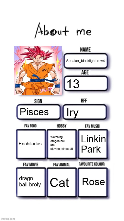 About me | Speaker_blacklightcrow4; 13; Pisces; Iry; Watching dragon ball and playing minecraft; Enchiladas; Linkin Park; Rose; dragn ball broly; Cat | image tagged in about me | made w/ Imgflip meme maker