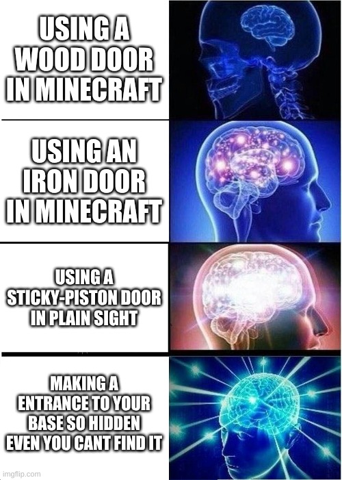 How to hide your base well | USING A WOOD DOOR IN MINECRAFT; USING AN IRON DOOR IN MINECRAFT; USING A STICKY-PISTON DOOR IN PLAIN SIGHT; MAKING A ENTRANCE TO YOUR BASE SO HIDDEN EVEN YOU CANT FIND IT | image tagged in memes,expanding brain | made w/ Imgflip meme maker