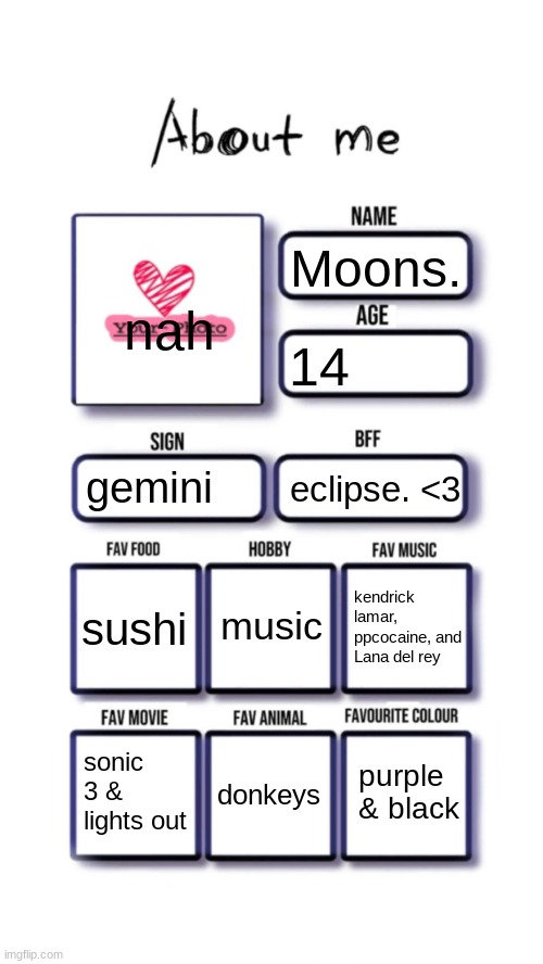 hey now say now | nah; Moons. 14; gemini; eclipse. <3; music; sushi; kendrick lamar, ppcocaine, and Lana del rey; purple & black; sonic 3 & lights out; donkeys | image tagged in about me | made w/ Imgflip meme maker